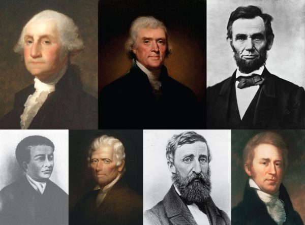 Top row: George Washington, Thomas Jefferson, and Abraham Lincoln. Bottom row: Benjamin Banneker, Daniel Boone, Henry David Thoreau, and William Clark.