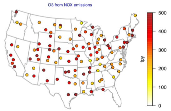 Lowest MERP value for each hypothetical source location for ozone from NOx. Source: U.S. EPA Final MERPs Guidance